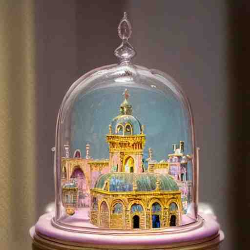 miniature tabletop castle under an ornate glass dome, by paulette tavormina and vermeer, intense pastel colors, hyper realistic, detailed, beautiful bright lighting 