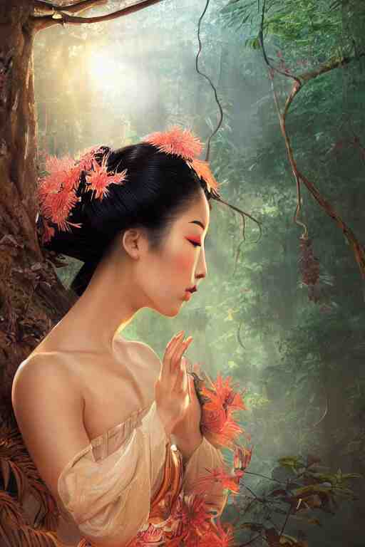 stunningly beautiful, peruvian geisha prima ballerina in jungle, symmetrical face, golden hour, smooth, focus, highly detailed, hyper realistic, dramatic lighting, elegant, intricate, concept art, art by wlop, mars ravelo, greg rutowski, artstation 