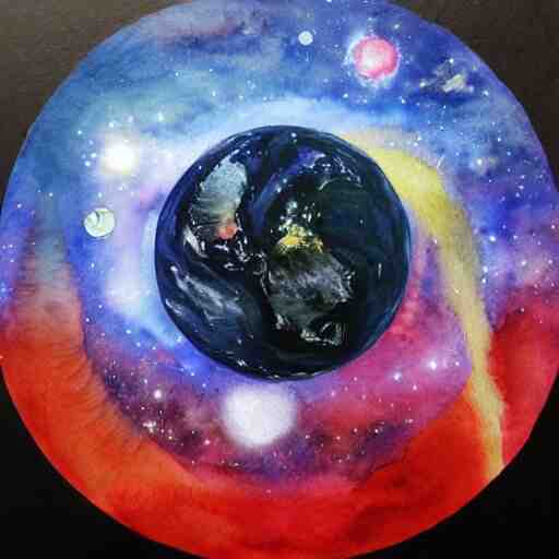 planets colliding, space, stars, sun, earth, planets, explosions, huge explosions in space, watercolor art 