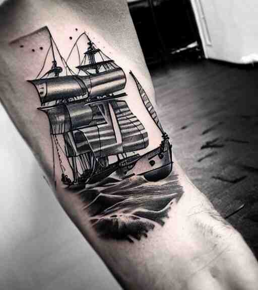 A realism tattoo design of a pirate ship, white background, black and white, highly detailed tattoo, realistic tattoo, realism tattoo, beautiful shades