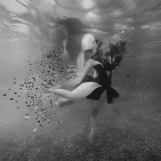 medium format photograph of a surreal fashion shoot underwater 