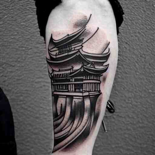 dark japanese urban architecture, tattoo, tattoo on upper arm