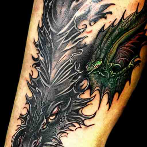 dark and vibrant fantasy dragon!!! drake wyvern, black and emerald dragon!!, forearm tattoo