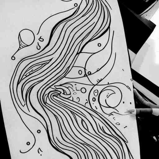 tattoo sketch of a sea, on a yellow paper, ornamental, line art, minimalism, tatto for leg 