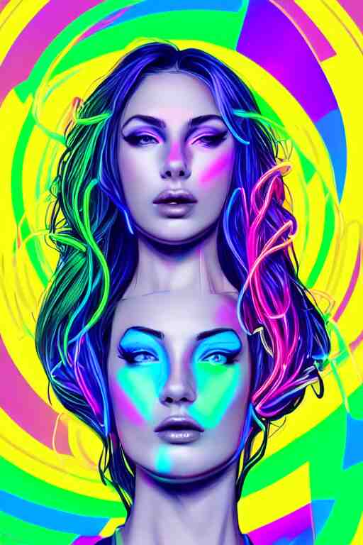 a award winning half body portrait of a beautiful woman with stunning eyes in a croptop and cargo pants with rainbow colored hair, routlined by whirling illuminated neon lines, fine rainbow colored lines swirling in circles, outrun, vaporware, shaded flat illustration, halftone, digital art, trending on artstation, highly detailed, fine detail, intricate 