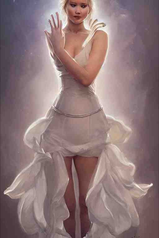 Jennifer Lawrence as Queen wearing a White Dress, anatomy, only two hands, highly detailed, digital painting, artstation, concept art, smooth, sharp focus, illustration, Unreal Engine 5, 8K, art by art by artgerm and greg rutkowski and edgar maxence