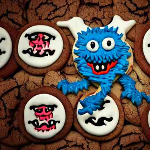 demonic cookie monster, evil, portrait, scary, creepy. detailed. realistic. 