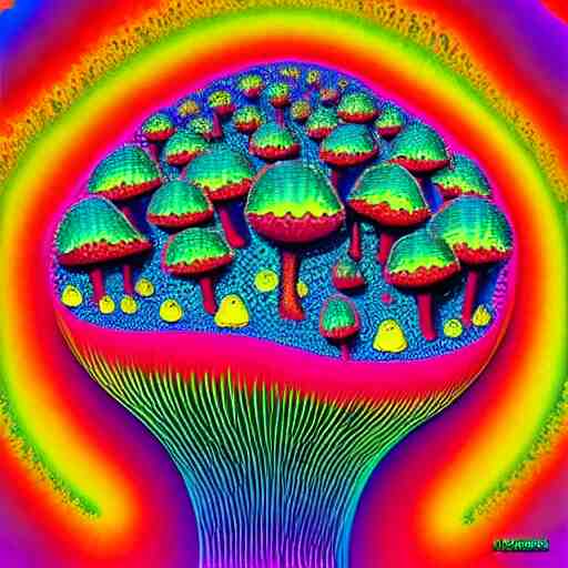 a colorful fractal 3 d mushroom in a psychedelic world, peace and love, by peter max and mark ryden 