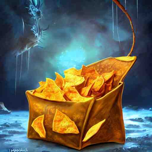 fantasy shiny bag of tortila chips, high detail, fantasy art, concept art, 4 k, ultra detail, computer art 
