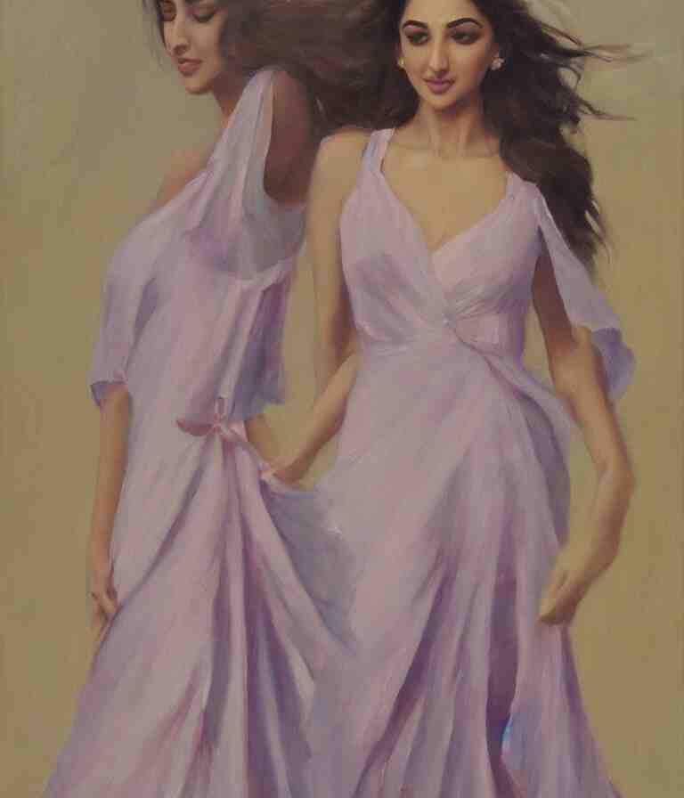 Kiara Advani in V-neck dress. history painting, dusk, flowy dress Kiara Advani, artstation, oil on canvas, by Albert Aublet, Private Collection