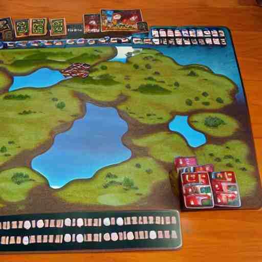 board for a board game including two large islands, two medium sized islands, and one small island 