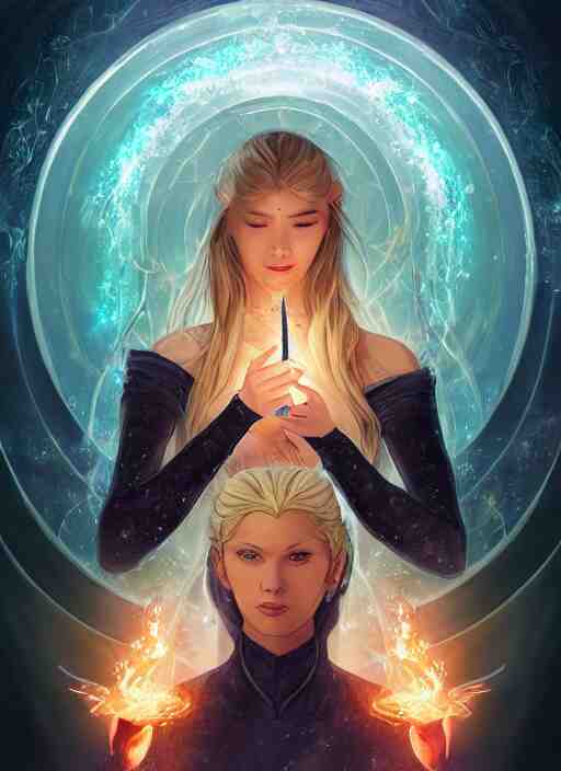 in the style of throne of glass book cover, whole body portrait of a young adult female magician casting a spell with fireballs in her hands, blue and green magic lights aura, a portal with elvish symbology opened, d & d, fantasy, highly detailed, digital art, trending on artstation, smooth, sharp focus, illustration, art by artgerm and hirokazu yokohara, greg rutkowski 