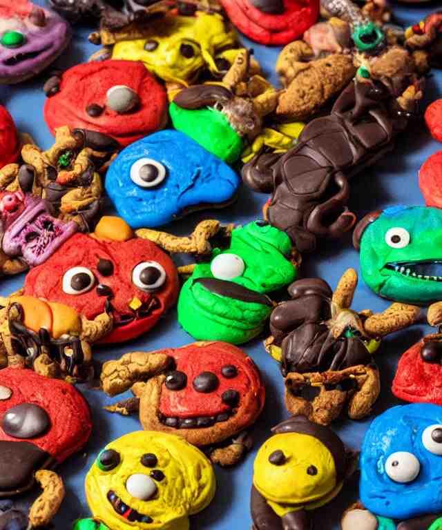 high quality presentation photo of colorful anthropomorphic horror alien monster insects eating cookies, photography 4k f1.8 anamorphic bokeh 4k Canon Nikon