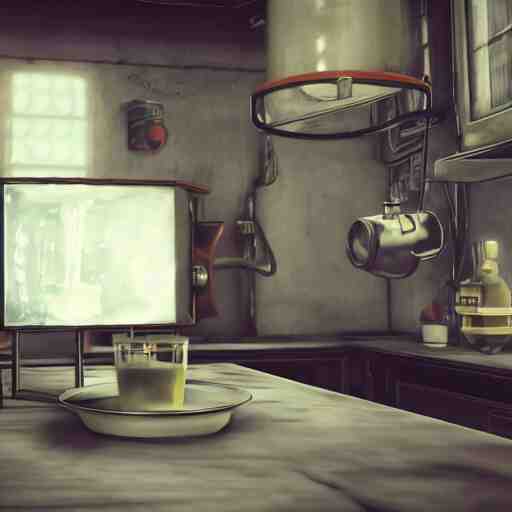 mr. house on the screen holds a faceted glass of milk in one of the manipulators, realism, reflections, metal body, in the kitchen, in the style of fallout 4, 