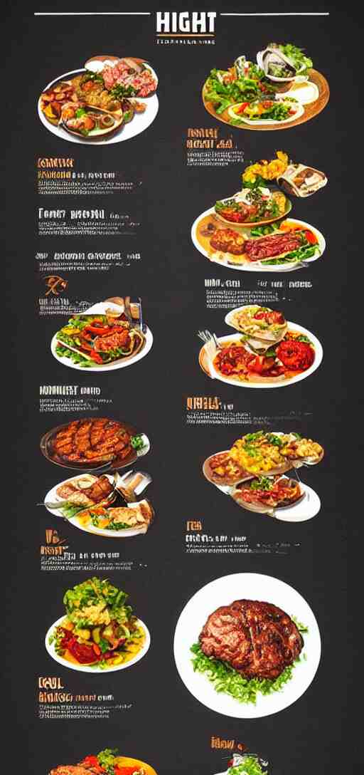 a very high image of a graphic menu for a grill house, graphic, template, design, cool, grill, food photography, no text 