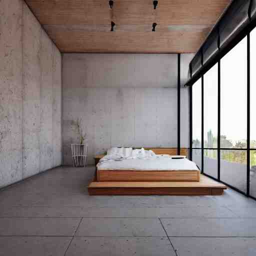 hyper realistic one point perspective of bedroom, wood, concrete, brick, glass 