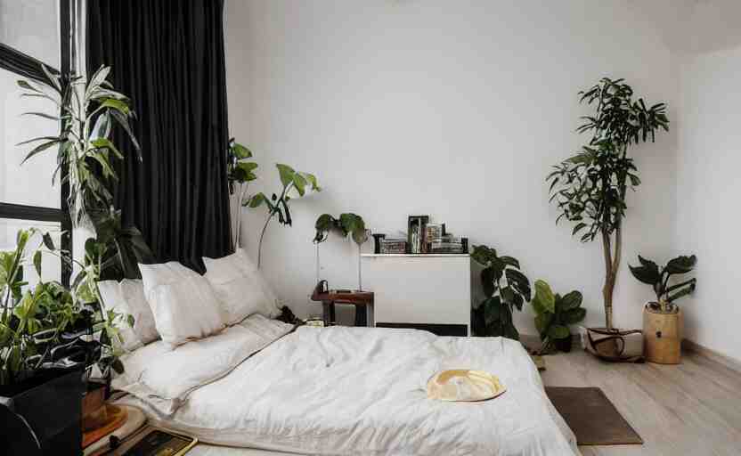 saudi arabian apartment bedroom interior, minimalism, bed, cupboards, modernism, persian design, compact, beige, black, wood, rust, little windows, brass, plants, retro futurism, swedish design 