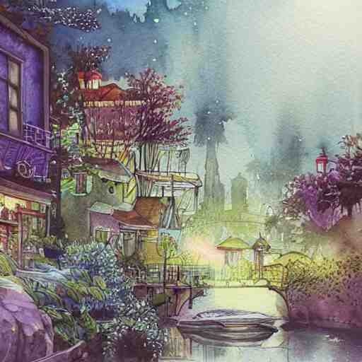 Beautiful happy picturesque charming sci-fi town in harmony with nature. Beautiful light. Water and plants. Nice colour scheme, soft warm colour. Beautiful detailed watercolor by Lurid. (2022)