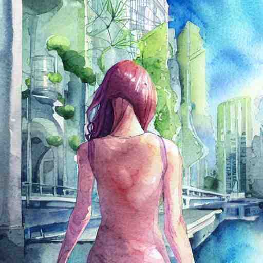 Woman in a beautiful happy picturesque charming sci-fi city in harmony with nature. Beautiful light. Water and plants. Nice colour scheme, soft warm colour. Beautiful detailed watercolor by Lurid. (2022)