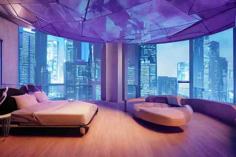 a futuristic sparse bedroom with large curved ceiling high windows looking out to a far future cyberpunk cityscape, flying drones outside, night time, cyberpunk neon lights, raining