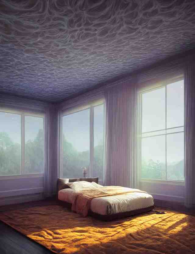 an ultra wide angle photo of a bed hovering above the floor in the middle of a giant bedroom with windows opening to other worlds by casey weldon and lee madgewick, photorealistic, octane render, recursive, flowing, cascading, multiverse, labyrinthine 