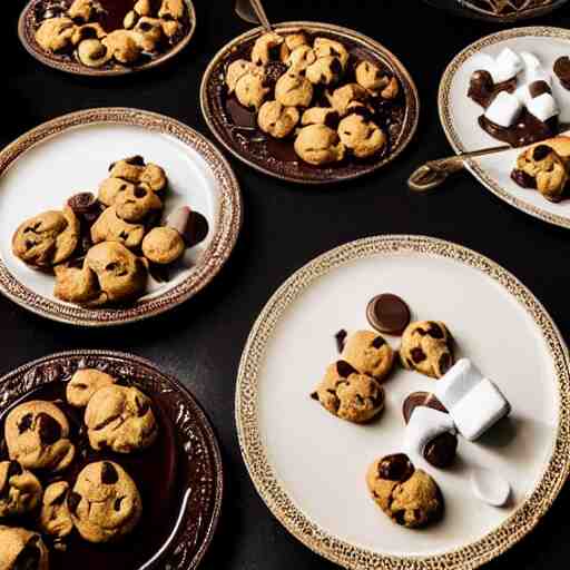 opulent banquet of plates of freshly baked chocolate chip cookies, delicious, glistening, chocolate sauce, marshmallows, highly detailed, food photography, art by rembrandt 