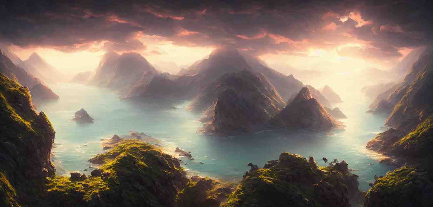 nature landscape, aerial view, drone photography, cinematic, mountains and ocean, cinematic view, epic sky, detailed, concept art, high detail, warm lighting, volumetric, godrays, vivid, beautiful, trending on artstation, by jordan grimmer, art greg rutkowski 