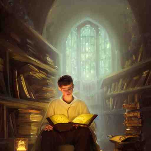 an oil painting of a portrait of a handsome hogwarts boy in hufflepuff holding glowing magic books, fairy tale, dreamy light, by wlop, greg rutkowski, thomas kinkade, super detailed, 3 d, hdr on, 4 k wallpaper 