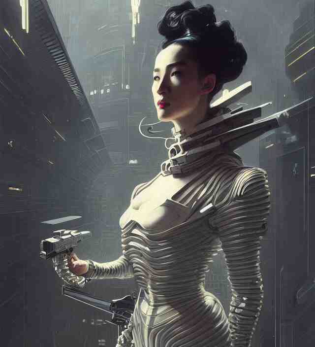 a baroque portrait of a retrofuturistic assassin in light surrounded by advanced architecture. minimalist dark wet architecture with some highly detailed science fiction details, rich colors, high contrast, moody dark background. trending on artstation an ultrafine hyperdetailed colorfull illustration by greg rutkowski, kim jung gi, moebius, irakli nadar, alphonse mucha, ayami kojima, amano, greg hildebrandt, syd mead and mark brooks, female, feminine, art deco, new baroque, intricate linework, colors by frank frazetta 