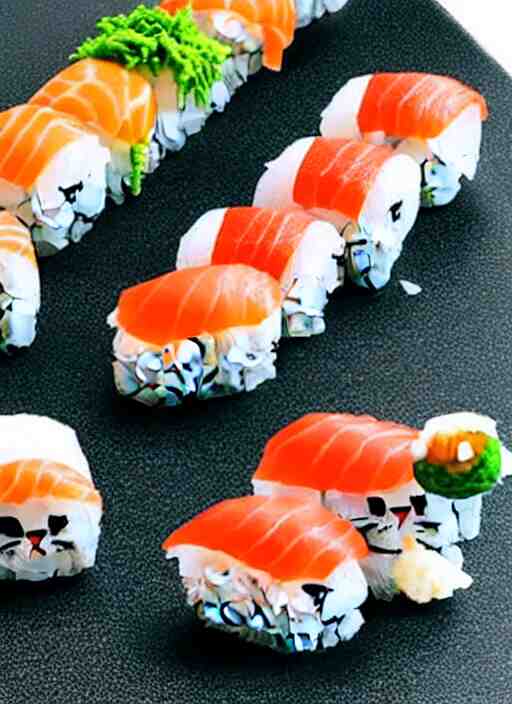 clear photorealistic picture of adorable cats made out of sushi 