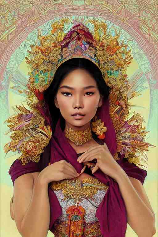 portrait of a beautiful indonesian supermodels wearing traditional costume, highly detailed, digital painting, artstation, concept art, sharp focus, illustration, art by kittichai rueangchaichan and james gurney and alphonse mucha 