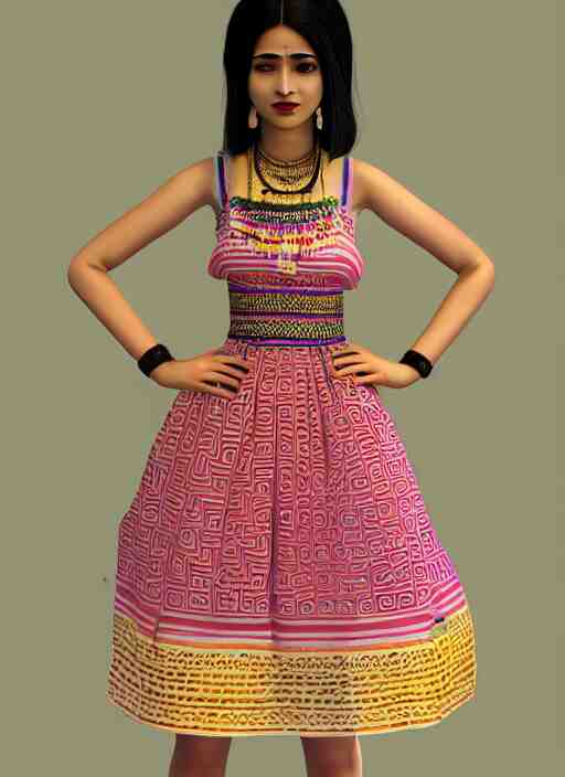 beautiful summer assamese mekehela bihu style floral dress, flirtatious, boho - chic, sleeveless, elegant, short skirt length, slimmer demeanor, plethora of colors ; mini dress ; highly detailed cute face by wlop ; 3 6 0 rotation reference ; octane render, unreal engine 5, trending on artstation, 8 k high resolution, global illumination ray tracing ; symmetrical, cinematic, high coherence, hdr fabric textures 