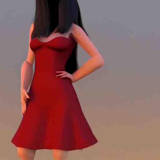 woman, red short dress, black hair, by milo manara, 3 d render, red high heels, face, house, high - poly 