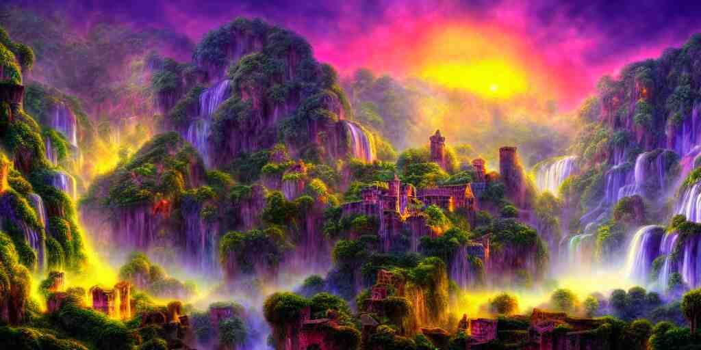 misty village in a waterfall valley at sunrise, ancient ruins, fantasy, precise and incredibly highly detailed intricate 8 k wallpaper, lisa frank dali hr giger, long shot, crisp vibrant colorful and intricate stunning award winning masterpiece trending on artstation beautiful 