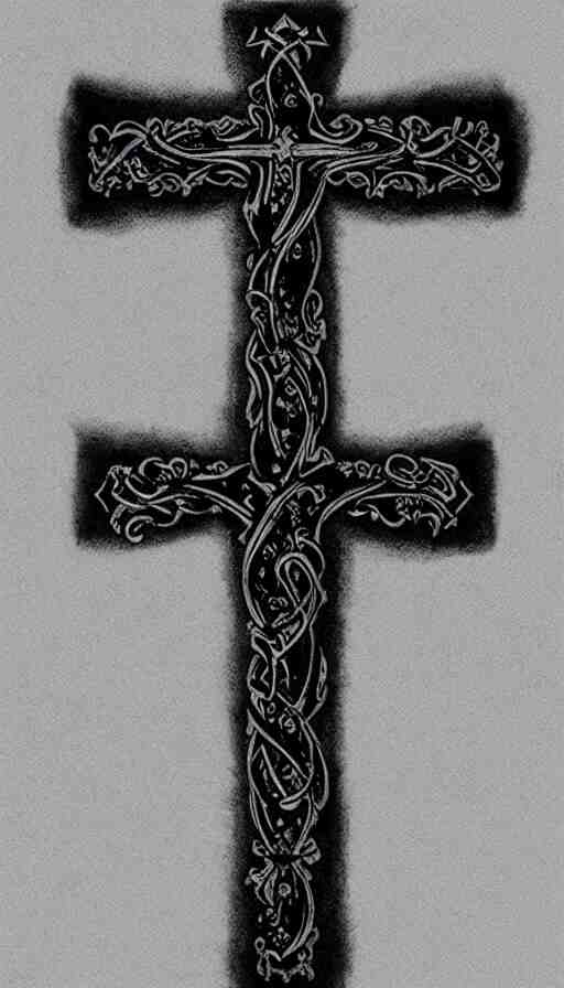 tattoo art, gothic cross with a sky background, white and black 