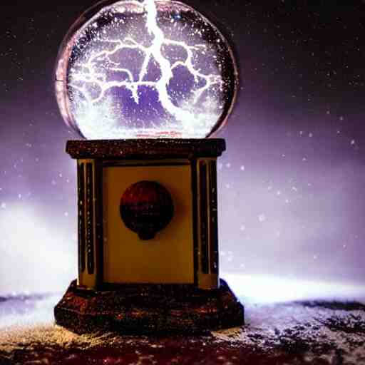 a snow globe with a lightning storm inside. Atmospheric photography. Rich colors, dramatic lighting