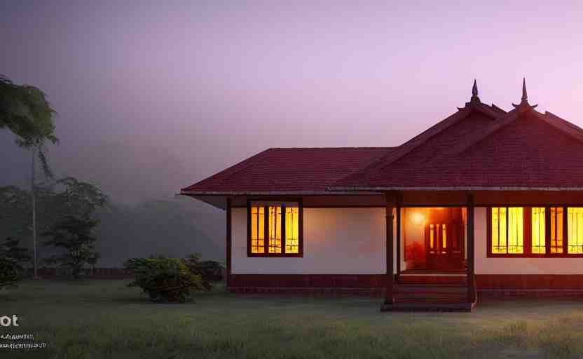 a beautiful small assam type house at sunrise, guwahati, concept art, octane render, unreal engine 5, trending on artstation, high quality, 8 k, soft lighting, path traced, hyperrealistic, highly detailed, digital art, symmetrical, cinematic, high coherence, godrays 