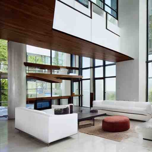 A modern living room with floor to ceiling glass windows on the left and on wooden stairs to the second floor on the right, two white sofas with a white marble table in the center, 8k resolution, professional interior design photograph, wide angle photograph