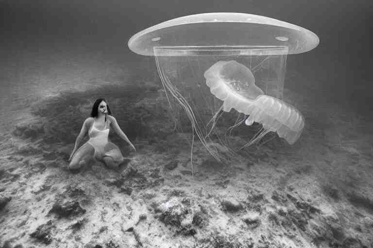 high-angle view of a Ukrainian lush female jellyfish human hybrid wearing vacuum tube amp roman armor and transparent amber neck guard with transparent digital number readout floating in front of face, sitting inside of an underwater airport terminal with a large submarines in the horizon silt rising from the seabed floor, filing cabinets in the sand, ektachrome color photograph, volumetric lighting, off-camera flash, 24mm f8 aperture