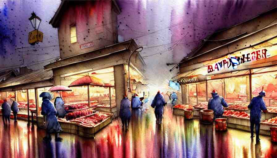 watercolor painting of a butcher shop, raining, busy street, romantisism, outrun, pastel colors, painting, moody, detailed, by android jones 