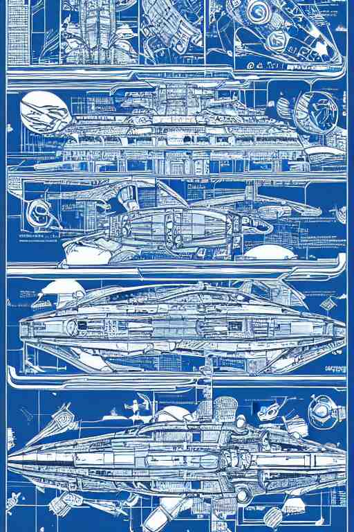 intricately detailed blueprint of a cruiser class spaceship by Jen Bartel and Dan Mumford and Satoshi Kon