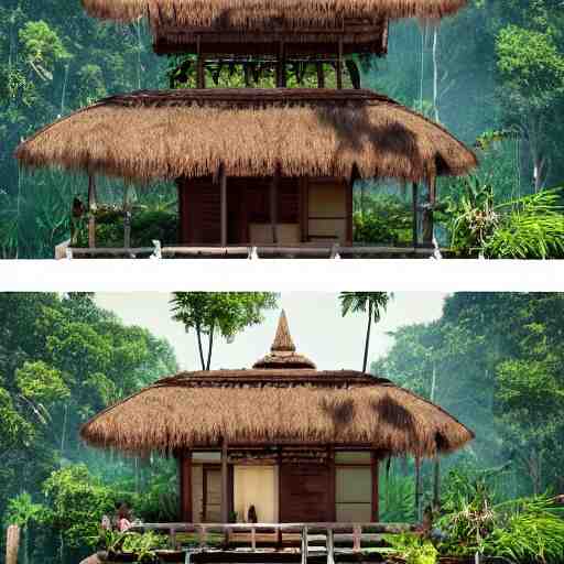 a beautiful 3d renderings of a little house in the jungle, Balinese architecture by SOM Architect, Studio Ghibli,. Architectural photography, 14mm, cinematic photography, high resolution 4k, cg architects, vray