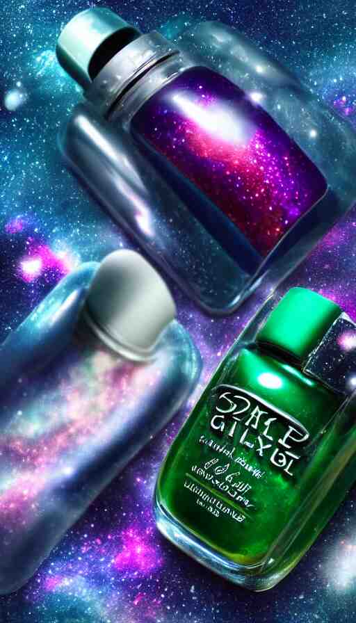 a beautiful bottle of nail polish filled with forest green small galaxy's and nebulas and blue sparkles, insane, intricate, highly detailed, Zeiss Lens, smooth, sharp focus, Unreal Engine 5, Octane Render, Redshift, 8K