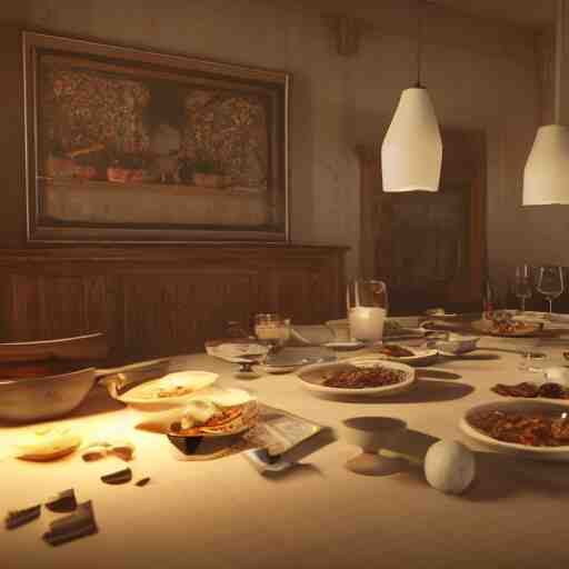 what's for dinner? unreal 5, daz, hyperrealistic, octane render cinematic volume inner glowing aura global illumination ray tracing hdr 