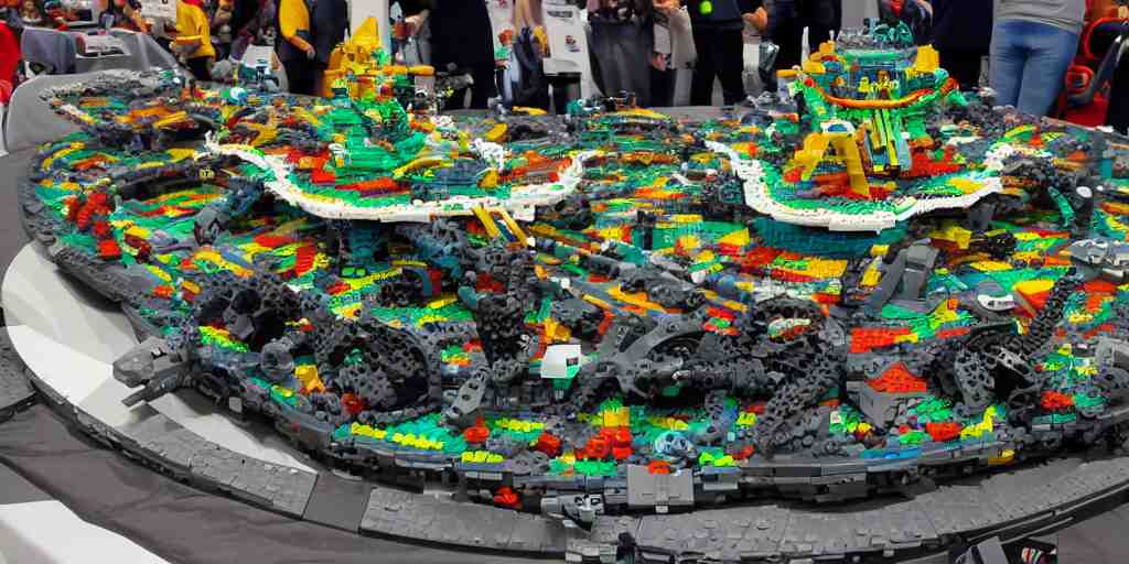 wide shot lens photo of a very intricately detailed and epically shaped 3. 5 meter long hovercraft the nebuchadnezzar from the matrix attacked by squid sentinels lego sculpture designed by a master builder as displayed at a lego convention, low angle shot. 