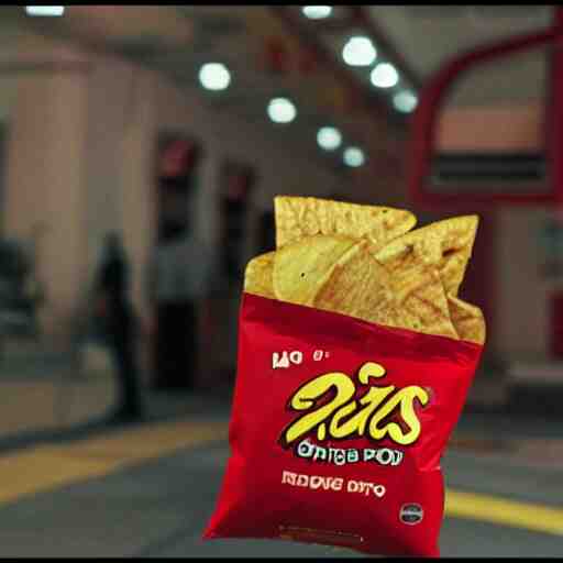a bag of chips with no design accept thats its red and says dortos on the middle, grainy footage, strange, 
