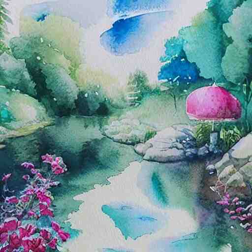 Beautiful happy picturesque charming sci-fi town in harmony with nature. Beautiful light. Water and plants. Nice colour scheme, soft warm colour. Beautiful detailed artistic watercolor by Olivia. (2022)