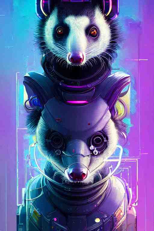 a beautiful portrait of a cute cyberpunk opossum by sandra chevrier and greg rutkowski and wlop, purple blue color scheme, high key lighting, volumetric light, digital art, highly detailed, fine detail, intricate, ornate, complex, octane render, unreal engine, photorealistic 