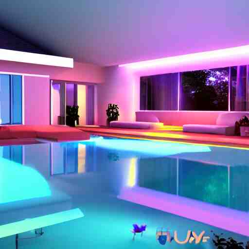 govee hue led strip lighting, swiming pool, scene, colourful, 8 k, unreal engine, realistic, house and home, 