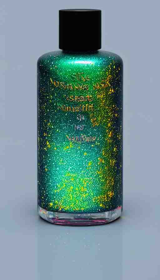 a beautiful bottle of nail polish filled with forest green small galaxy's and nebulas and blue sparkles, insane, intricate, highly detailed, Zeiss Lens, smooth, sharp focus, Unreal Engine 5, Octane Render, Redshift, 8K